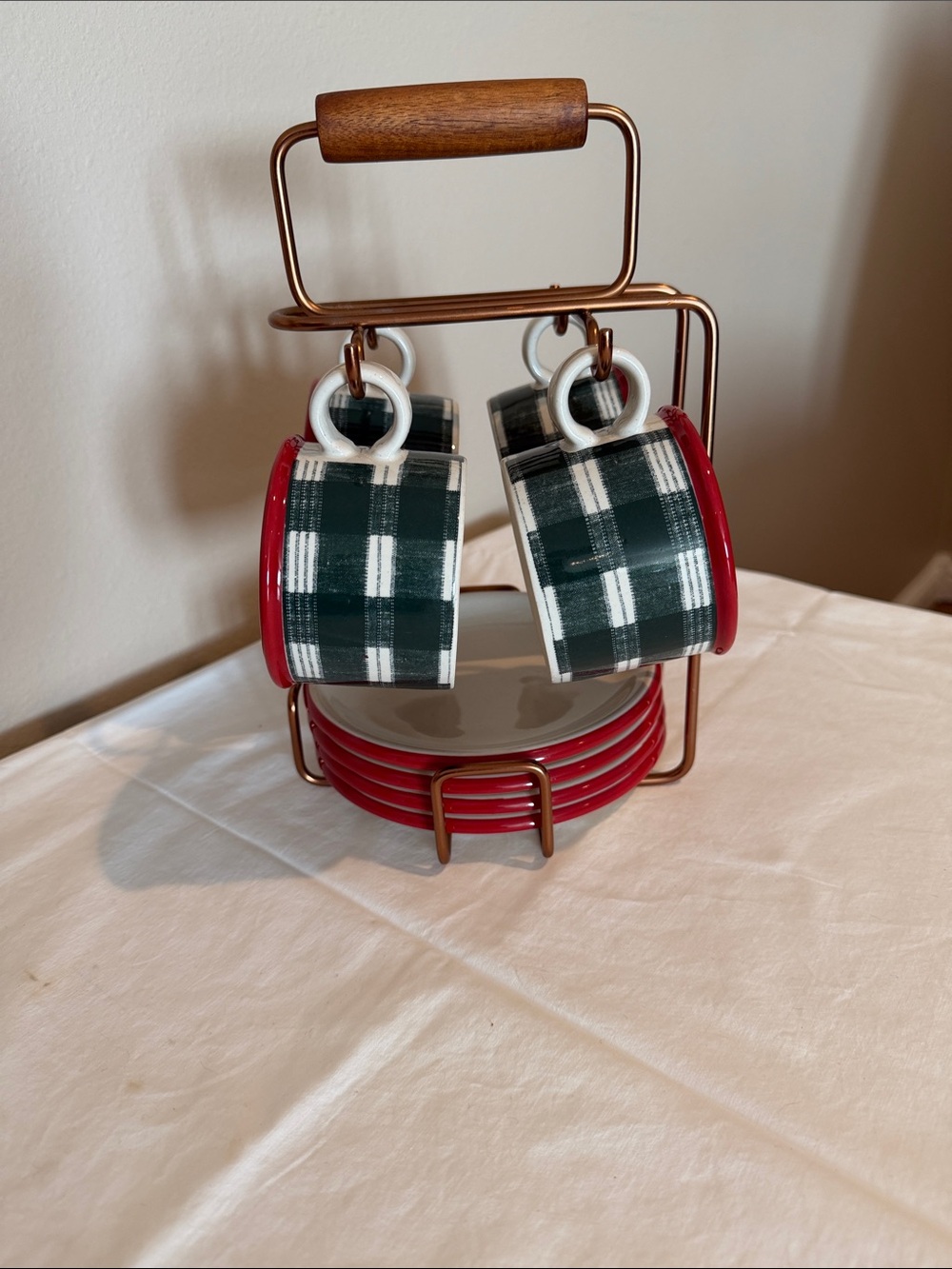 Hearth & Hand Green Plaid Ceramic Hot Cocoa Mug and Saucer Set with Red Trim
